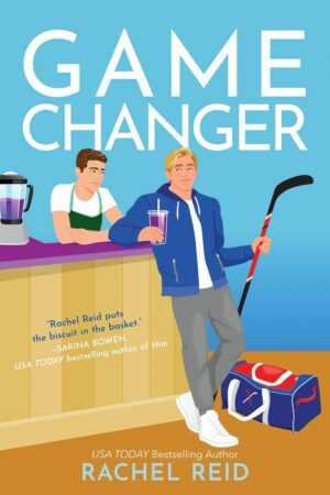 Illustration of two men—one in an apron behind a counter, the other in a blue jacket with a hockey stick, drink, and sports bag—featuring "Game Changer by Rachel Reid (Game Changers, 1 of 6)", a viral romance novel.
