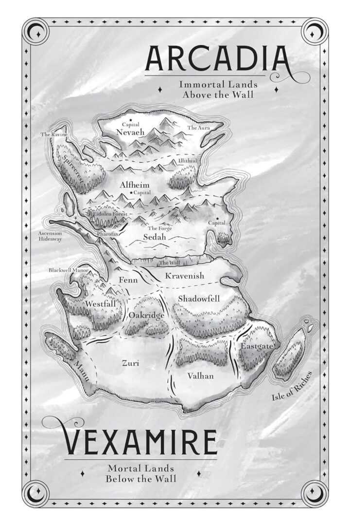 A black and white fantasy map inspired by "A Vow in Vengeance by Jaclyn Rodriguez (Immortal Desires)," showing Arcadia and Vexamire, where immortal desires shape the land—mountains, forests, cities, rivers, and the enigmatic Isle of Ruins.