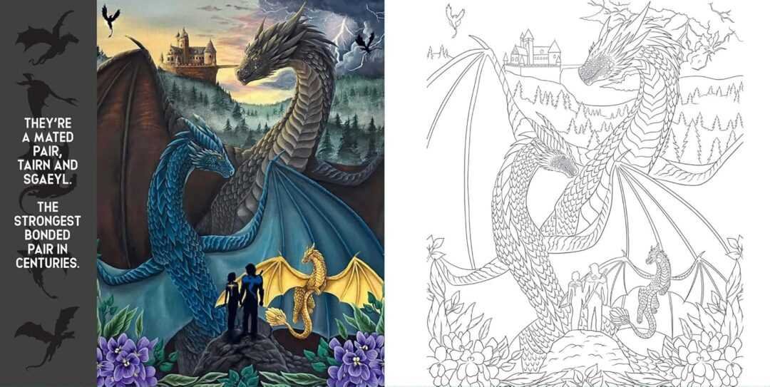 Two large dragons, one blue and one black, face off on a cliff as a gold dragon and three people watch. A castle and forest complete the scene—perfect for fans of Fourth Wing: The Official Coloring Book by Entangled. Right side is uncolored.