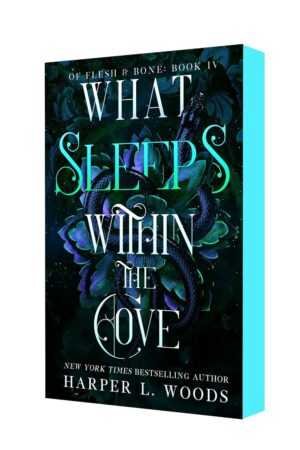 A 3D angled cover for What Sleeps Within the Cove by Harper L. Woods (Of Flesh & Bone, 4 of 5) features a dark leafy backdrop, a coiled black serpent, and teal glow—ideal for trending BookTok romance fans.