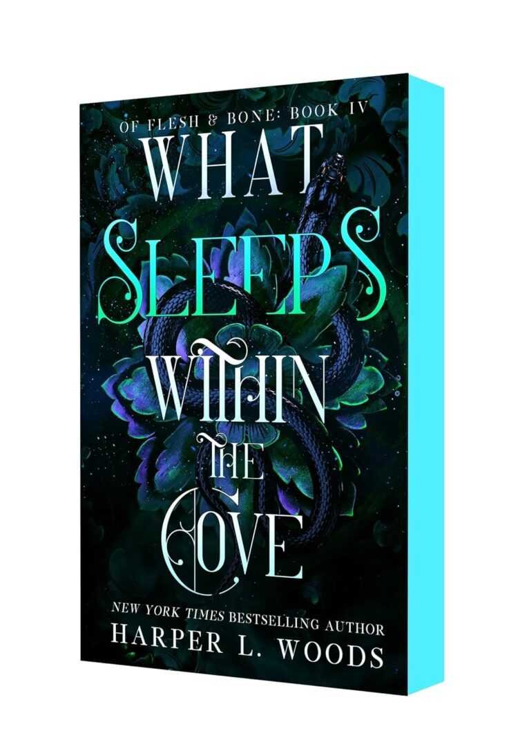 A 3D angled cover for What Sleeps Within the Cove by Harper L. Woods (Of Flesh & Bone, 4 of 5) features a dark leafy backdrop, a coiled black serpent, and teal glow—ideal for trending BookTok romance fans.