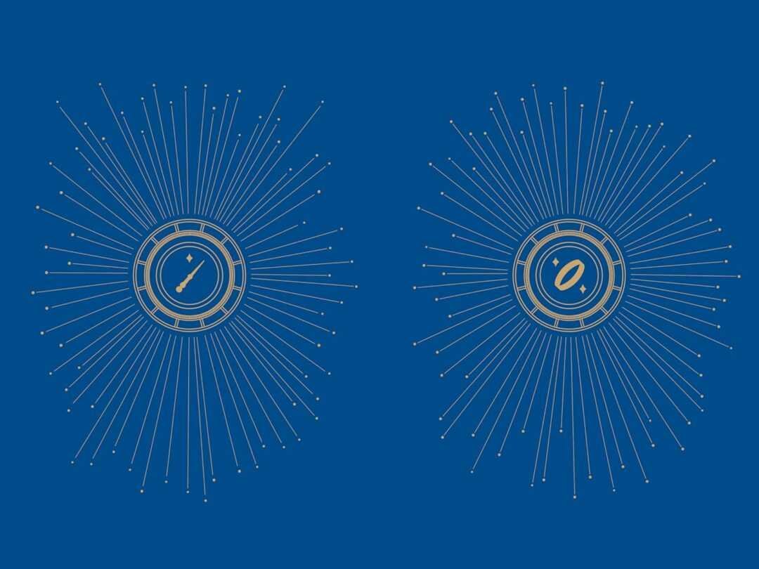 Two symmetrical, circular designs with radiating gold lines and dots on blue, each center featuring a unique gold symbol. Inspired by A Vow in Vengeance by Jaclyn Rodriguez (Immortal Desires), they're encircled by intricate patterns.