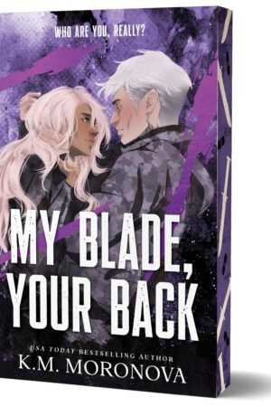 A viral book recommendation, My Blade, Your Back (Deluxe Edition) by K.M. Moronova (Dark Forces, 2 of 2) is a romance novel featuring illustrated characters on a purple cosmic cover.