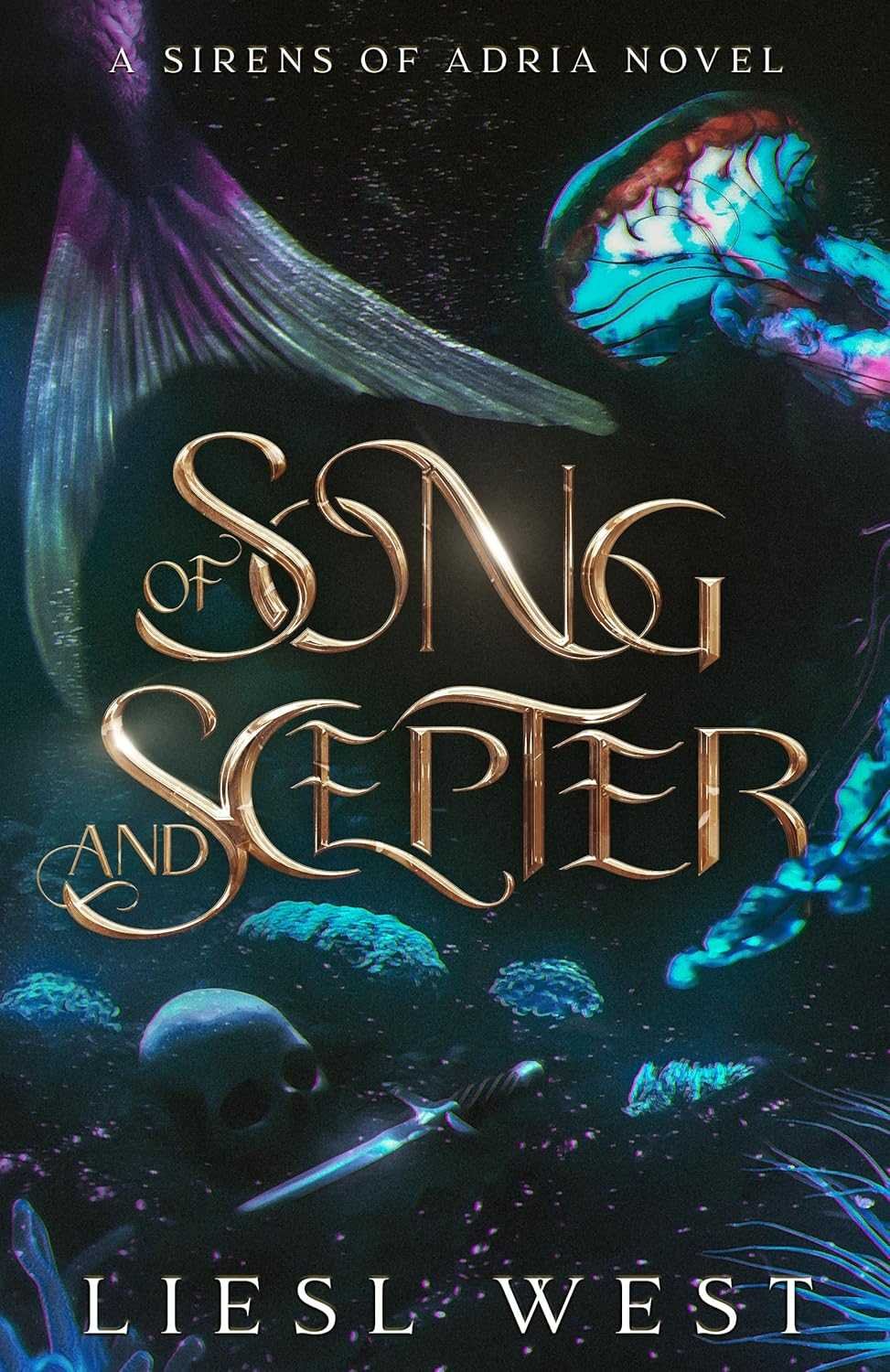 The cover of “of Song and Scepter (Signed)” features a glowing jellyfish, mermaid tail, skull, and underwater scepter on a dark aquatic background. Subtitle: “A Sirens of Adria Novel.” Signed copies available.
