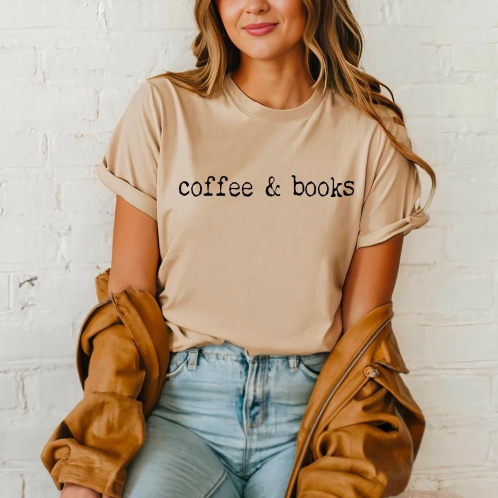 A woman with wavy hair wears the Coffee & Books Tee—beige with black text—as she sits against a white brick wall, holding a tan jacket. Her look is ideal for fans of Contemporary Fiction or Trending BookTok reads.