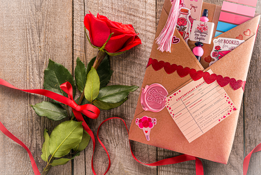 An envelope decorated with red ribbon, heart trim, and stickers sits on a wooden surface next to a single red rose and scattered red ribbon. The envelope contains bookmarks and a card labeled “Confidential Romance.”.