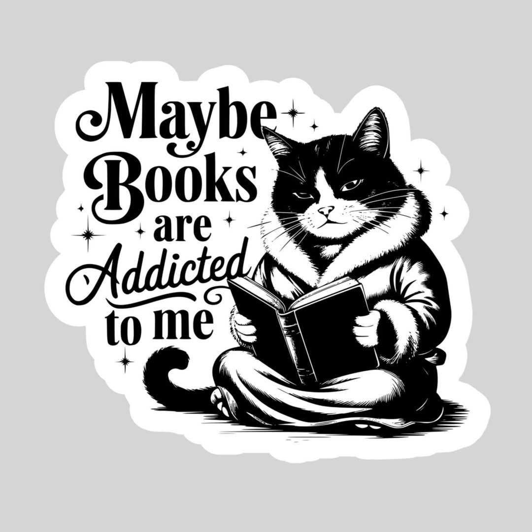 A black and white illustration of a cat in a robe sits with an open book labeled "Viral Book Recommendations," sparkles around the phrase "Maybe Books are Addicted to Me." 3" waterproof bookish sticker with holo overlay.