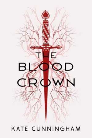 Book cover for The Blood Crown (The Blood Folk) shows a red sword with tree like red veins spreading from its hilt on a pale background, hinting at the mysterious Blood Folk. Title and author’s name are displayed in black text.