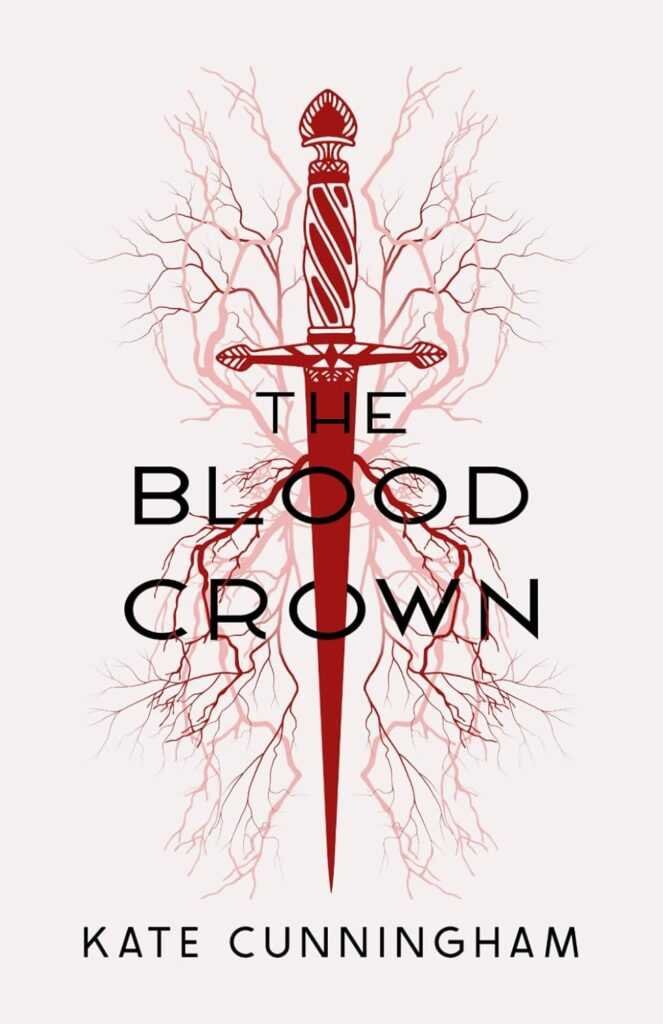 Book cover for The Blood Crown (The Blood Folk) shows a red sword with tree like red veins spreading from its hilt on a pale background, hinting at the mysterious Blood Folk. Title and authorโs name are displayed in black text.