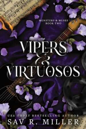 The deluxe paperback cover of Vipers and Virtuosos (Monsters & Muses) by Sav R Miller displays elegant purple flowers, a coiled black snake, sheet music, and a guitar on dark purple satin as book two in the series.