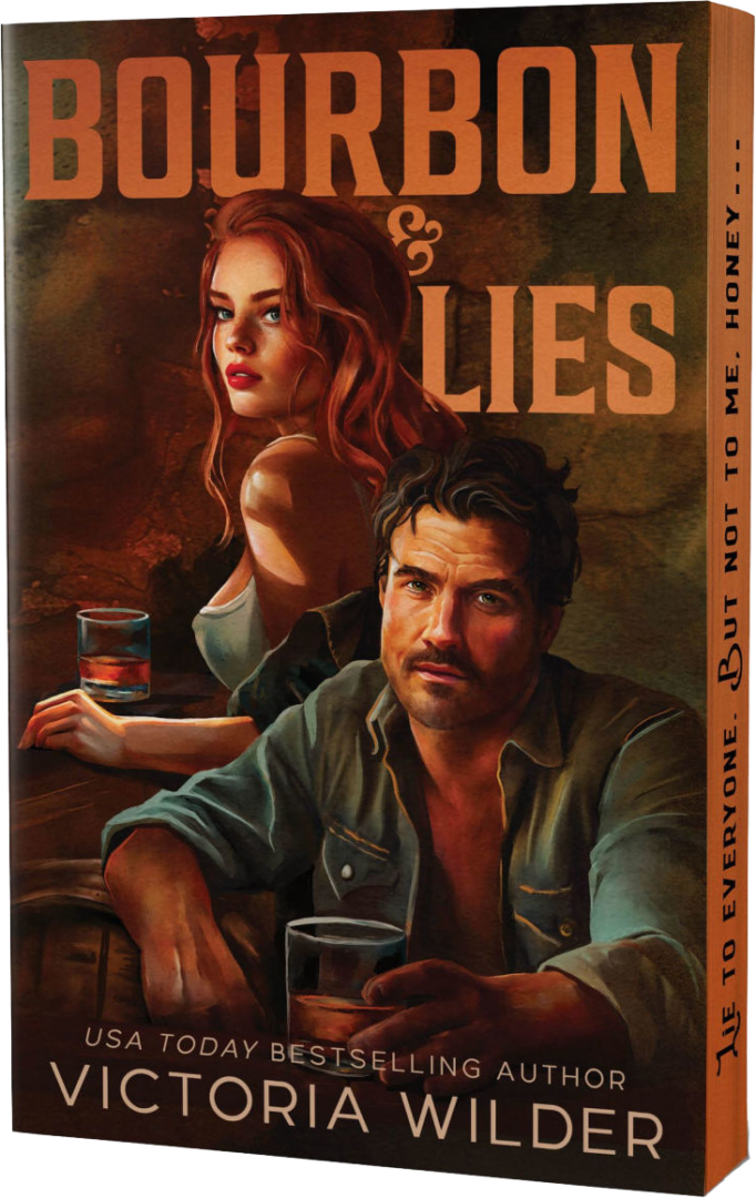 Book cover of Bourbon & Lies by Victoria Wilder, showing a man and woman sitting at a table with drinks. The man looks serious, the woman gazes forward, and the title is in bold orange letters above them.