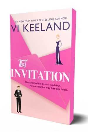 The Invitation (Deluxe Edition) by Vi Keeland features a pink cover with illustrated figures of a woman in a gown and a man in a suit. Tagline: She crashed his sister’s wedding. He crashed his way into her heart.