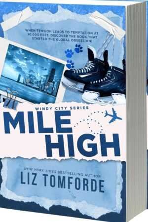 3D book cover of Mile High by Liz Tomforde (Windy City, 1 of 5), featuring Windy City skyline, ice skates, blue paw prints, and an airplane silhouette on a blue toned background.