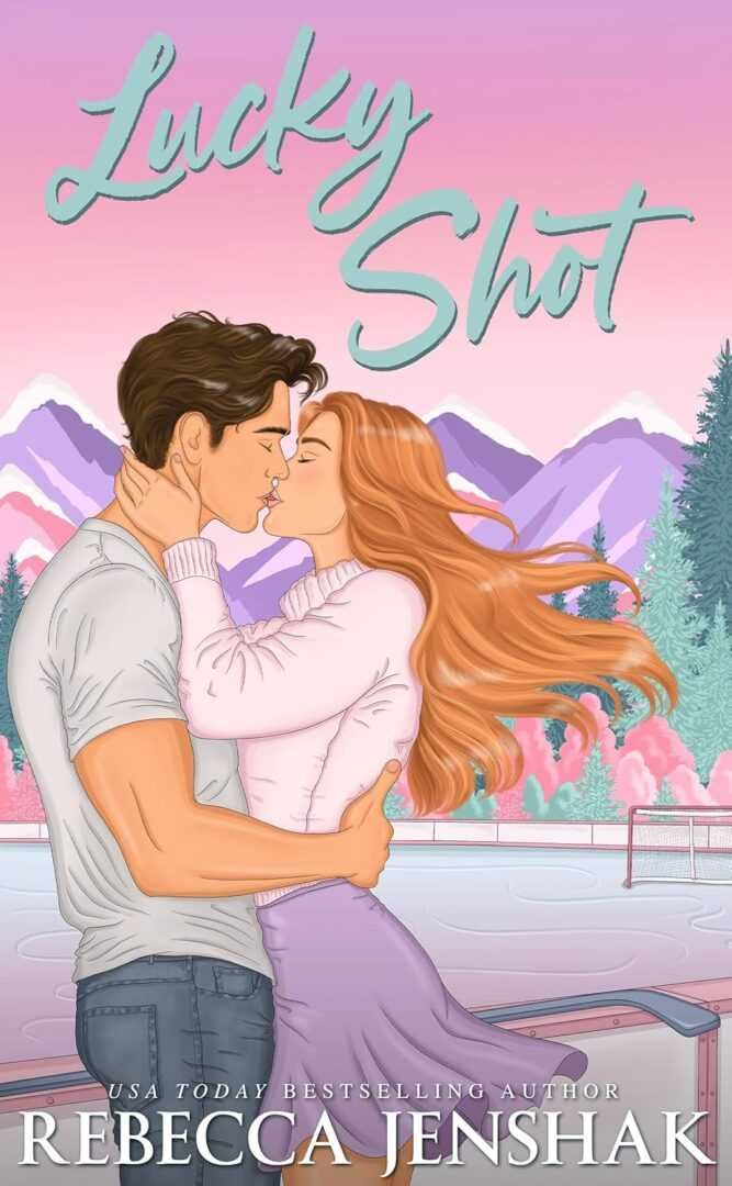 The cover of Lucky Shot (Moonshot Hockey) by Rebecca Jenshak (Paperback) features a young couple kissing by a hockey rink, snowy mountains, and pine trees, with playful script hinting at the romance inside.