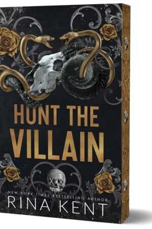 3D book cover of Hunt the Villain (Deluxe Edition) by Rina Kent, Book 2 of the Kiss the Villain series, with gold roses, black snakes, and a ram skull on a dark background with ornate gold spine detailing.