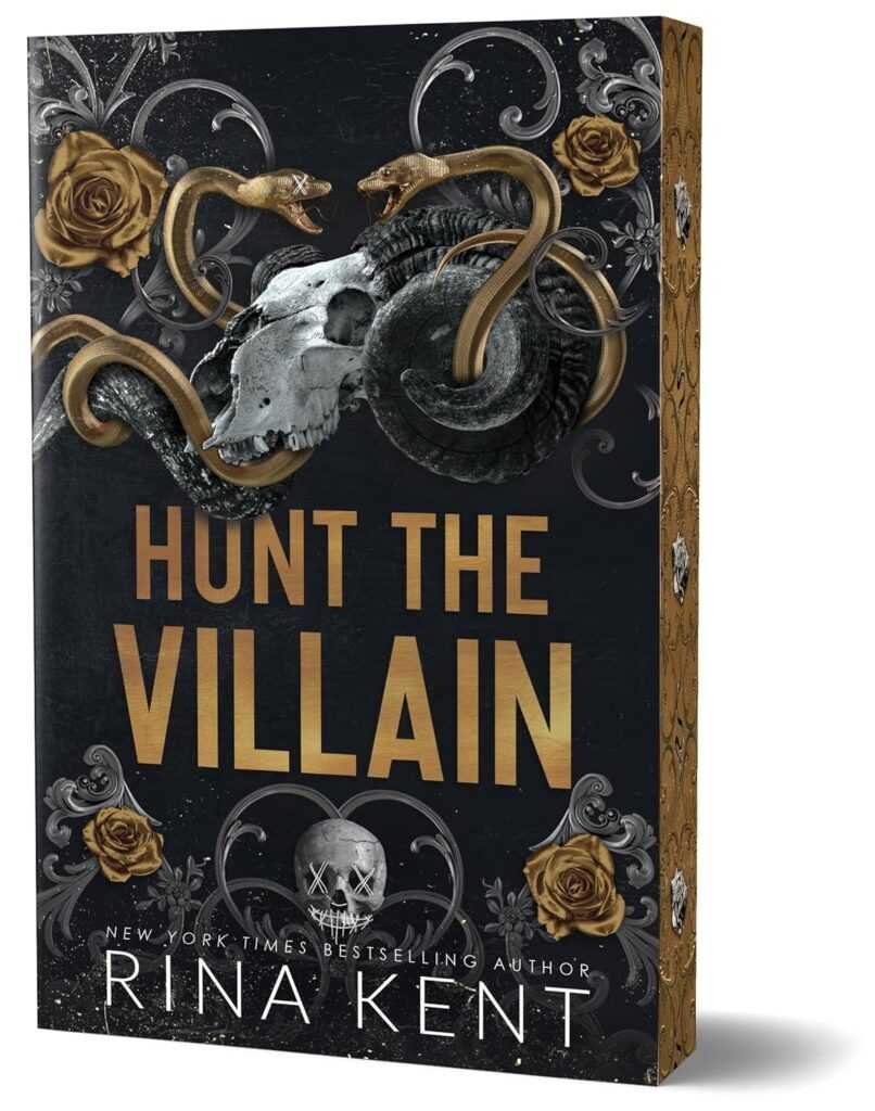 3D book cover of Hunt the Villain (Deluxe Edition) by Rina Kent, Book 2 of the Kiss the Villain series, with gold roses, black snakes, and a ram skull on a dark background with ornate gold spine detailing.