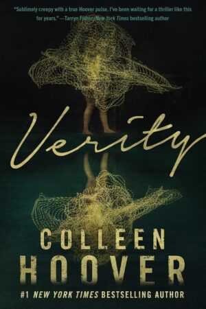 The cover of Verity by Colleen Hoover (Paperback) displays abstract yellow lines forming a dress and a subtle reflection of a woman against a dark background, with the title and author’s name prominently featured.