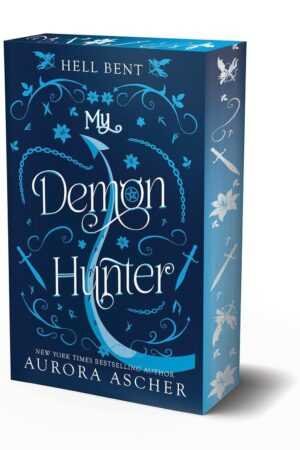 The Deluxe Limited Edition paperback of My Demon Hunter: Hell Bent by Aurora Ascher features a blue cover with ornate white designs, swords, and vines, the title at the top, and the author’s name at the bottom.