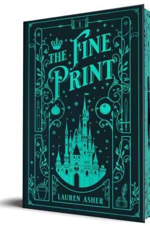 The Fine Print (Collector's Edition) - (Dreamland Billionaires) by Lauren Asher [Hardcover] features a teal and black cover with a castle, stars, crown, apple, and quill—ideal for fans of the series.