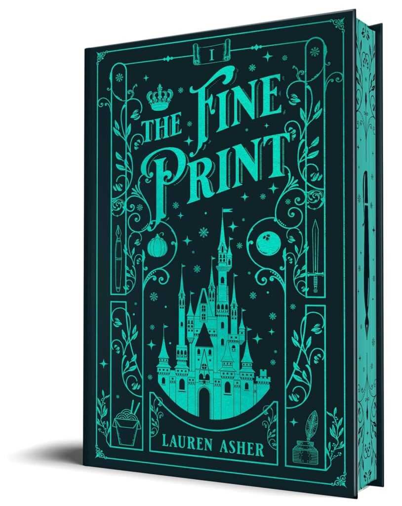 The Fine Print (Collector's Edition) - (Dreamland Billionaires) by Lauren Asher [Hardcover] features a teal and black cover with a castle, stars, crown, apple, and quill—ideal for fans of the series.