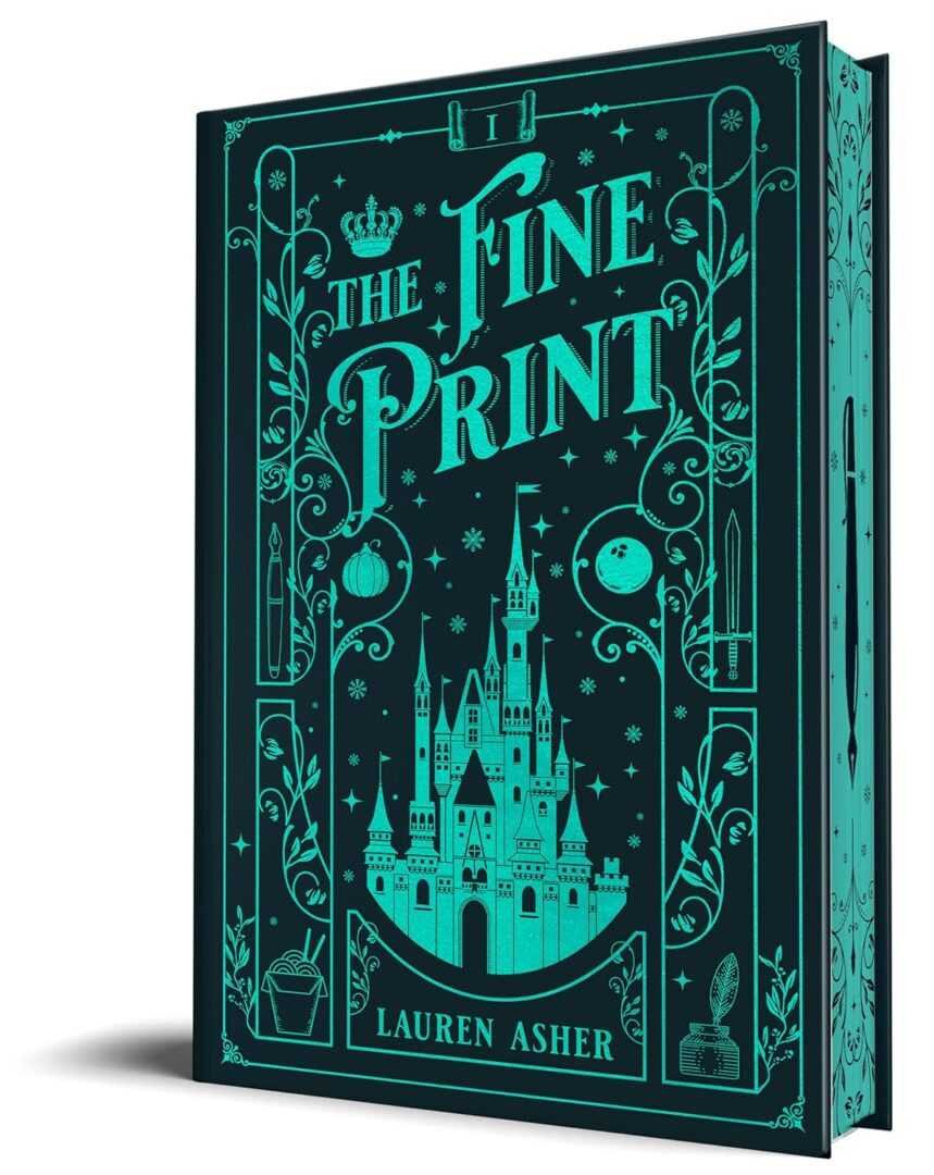 The Fine Print (Collector's Edition) - (Dreamland Billionaires) by Lauren Asher [Hardcover] features a teal and black cover with a castle, stars, crown, apple, and quill—ideal for fans of the series.