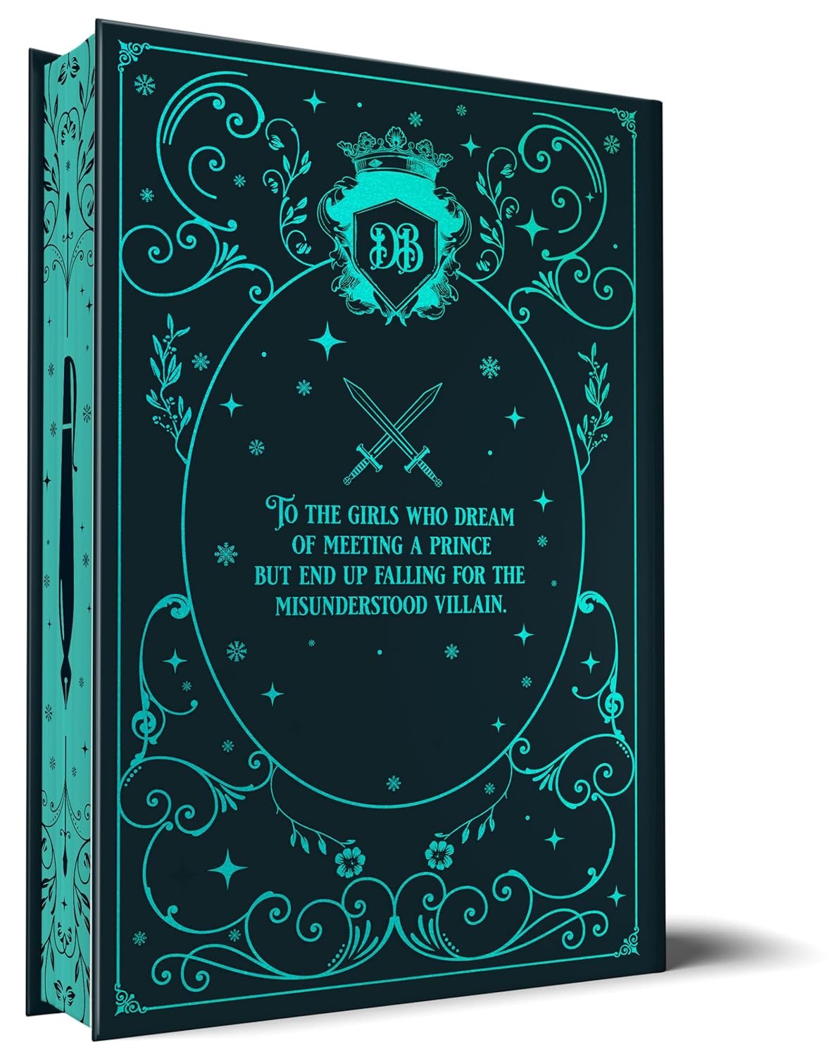 A dark hardcover of "The Fine Print (Collector's Edition)" by Lauren Asher features turquoise ornate designs and swords. Text: “To the girls who dream of meeting a prince but end up falling for the misunderstood villain.”.
