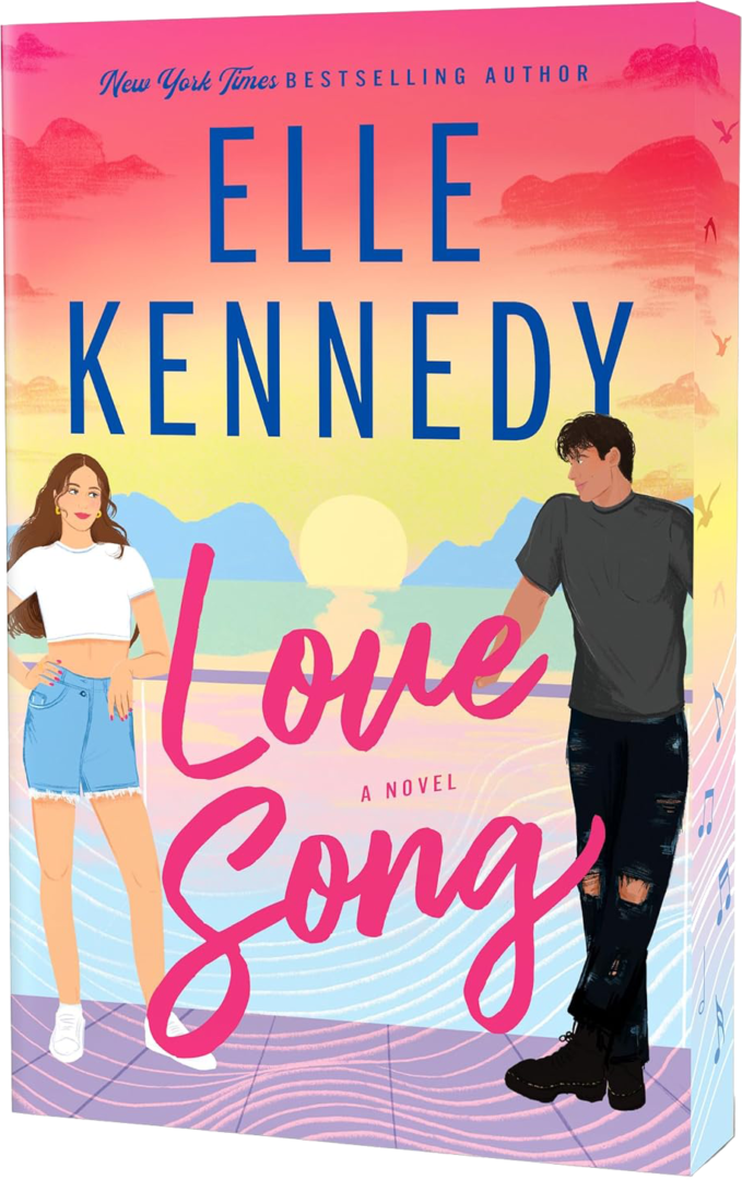 Book cover for Love Song by Elle Kennedy. It shows a smiling young woman in a white top and blue skirt and a young man in a dark shirt and ripped jeans, standing against a colorful sunset background with musical notes.