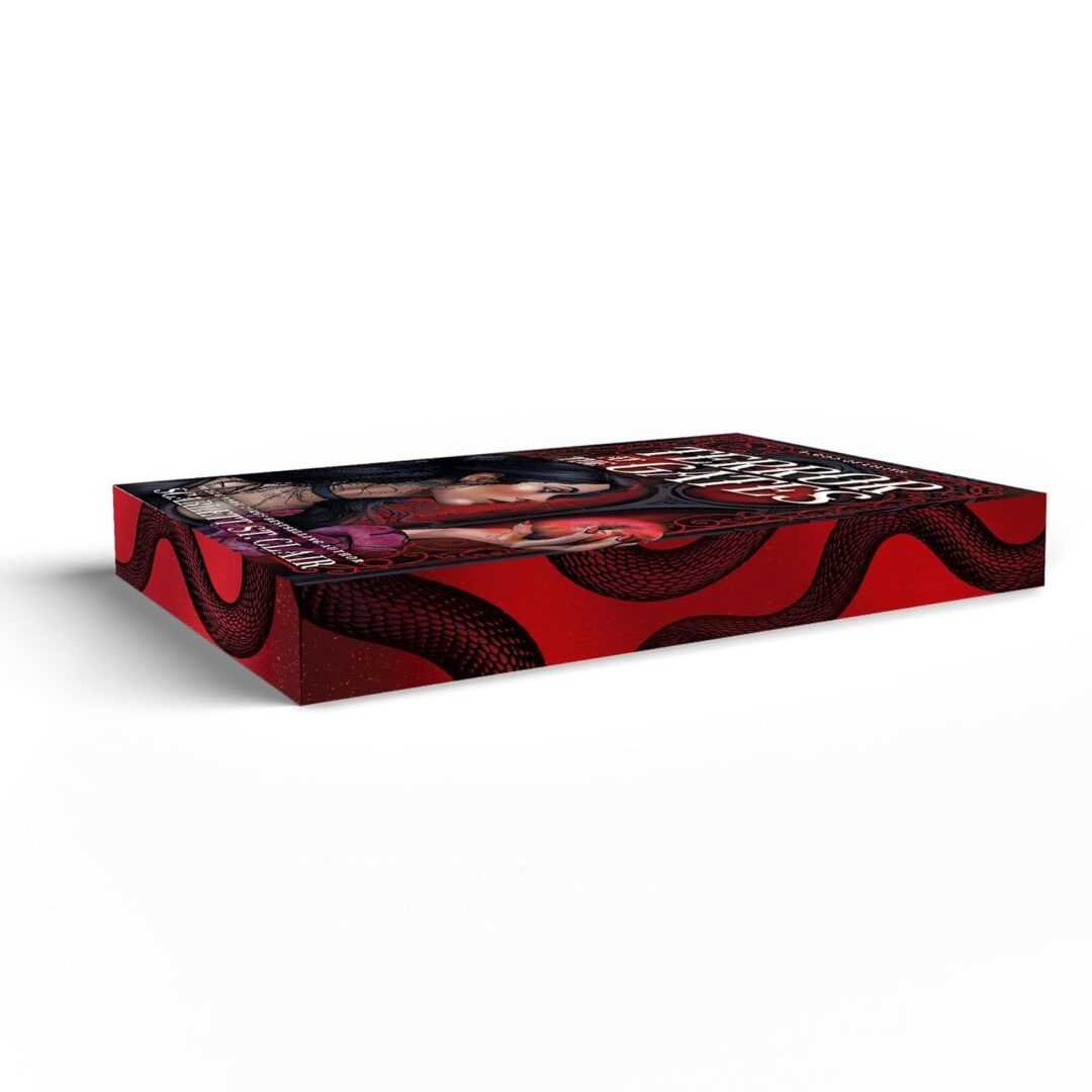 A rectangular board game box with red sides and a black snake design. The top depicts a dark-haired woman surrounded by snakes, representing Terror at the Gates (Deluxe Edition) - (Blood of Lilith) by Scarlett St Clair, on a white background.