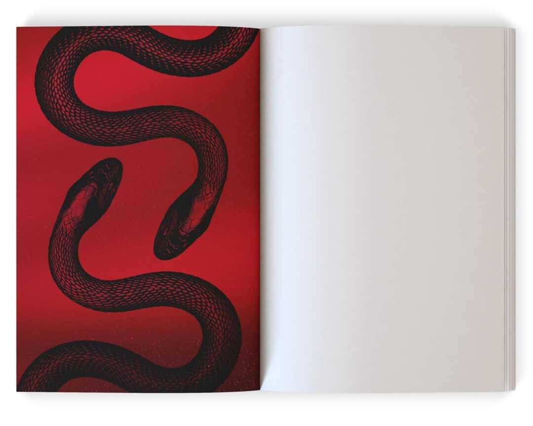 An open book shows a red page with two intertwined black snakes—evoking Terror at the Gates (Deluxe Edition) - (Blood of Lilith) by Scarlett St Clair—while the right page is blank and white.