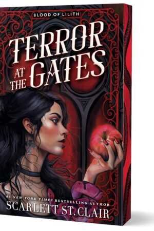 3D book cover of Terror at the Gates (Deluxe Edition) - (Blood of Lilith) by Scarlett St Clair, with a dark-haired woman holding a red apple against gothic red and black designs. Tagline: Blood of Lilith.