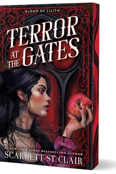 3D book cover of Terror at the Gates (Deluxe Edition) - (Blood of Lilith) by Scarlett St Clair, with a dark-haired woman holding a red apple against gothic red and black designs. Tagline: Blood of Lilith.