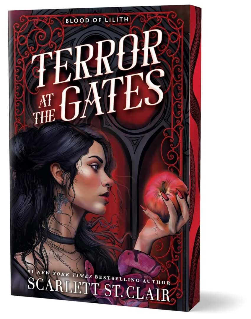 3D book cover of Terror at the Gates (Deluxe Edition) - (Blood of Lilith) by Scarlett St Clair, with a dark-haired woman holding a red apple against gothic red and black designs. Tagline: Blood of Lilith.