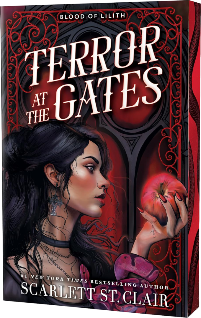 Book cover for Terror at the Gates by Scarlett St. Clair, perfect for display in a Virginia Beach romance bookstore, featuring a gothic-style portrait of a woman with long dark hair holding a red apple amid ornate red and black designs.