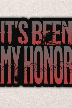 The Liam Mairi | Fourth Wing Sticker features bold “ITS BEEN MY HONOR” text, dragon and person silhouettes set against mountains, all in striking red and black—perfect for fans inspired by Liam Mairi.