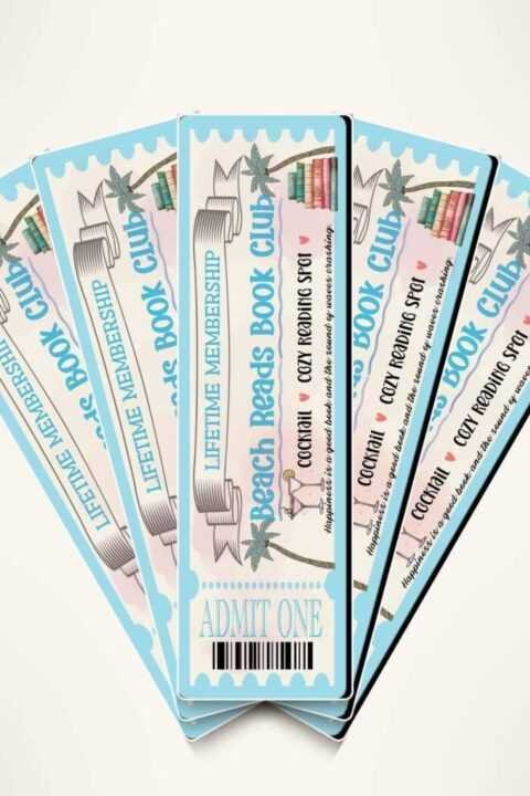 Five light blue bookmarks fan out, each labeled Beach Reads Book Club Bookmark with images of books, palm trees, and a cocktail—perfect to pair with your summer reading tote or gift for all your cozy reading adventures.